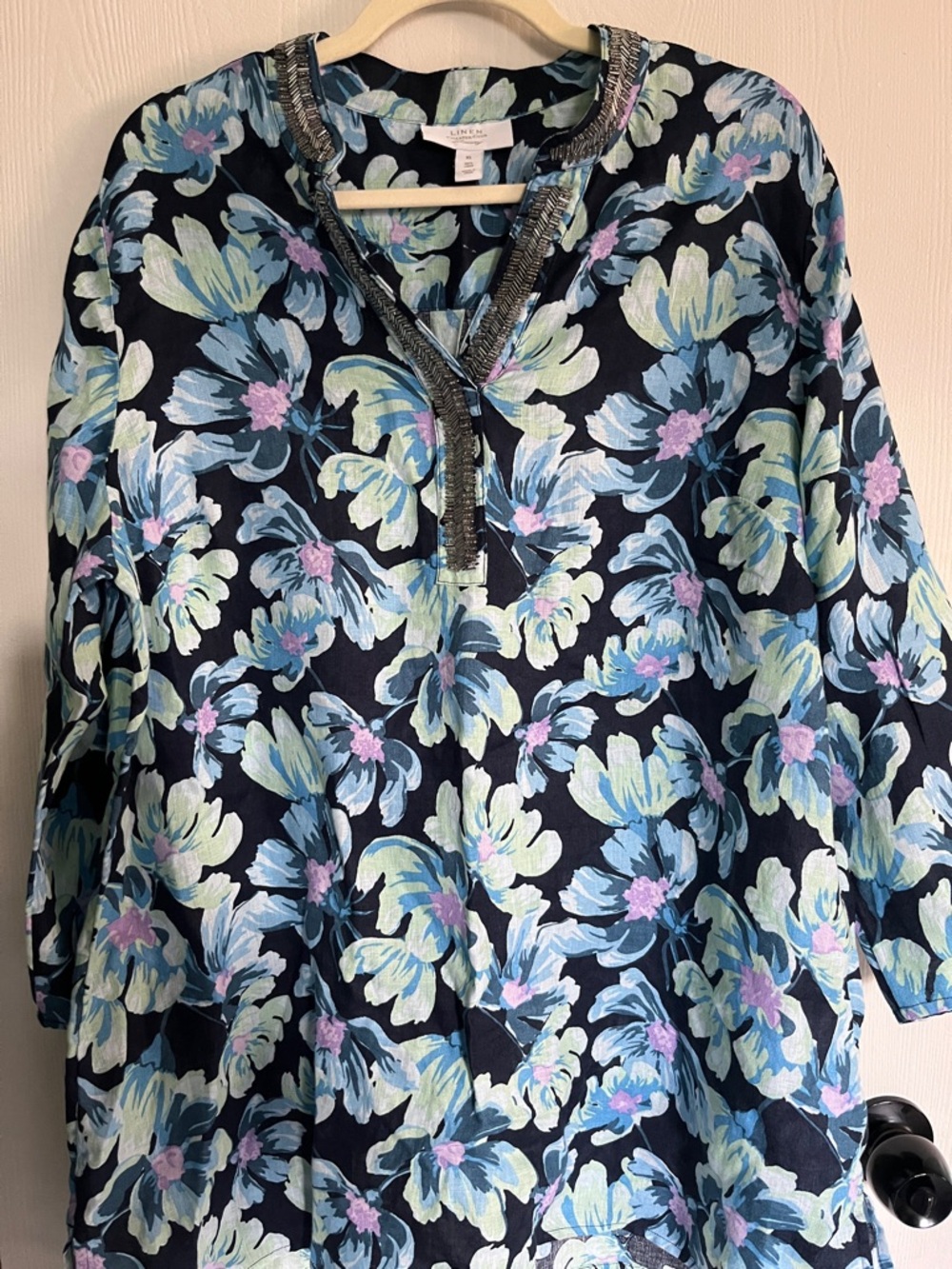 Charter Club Navy Floral Beaded Split-Neck Tunic